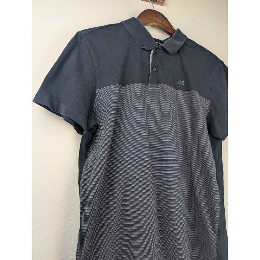 Calvin Klein Mens Liquid Touch Polo Shirt Black Grey Striped Colorblock M - Picture 2 of 6
